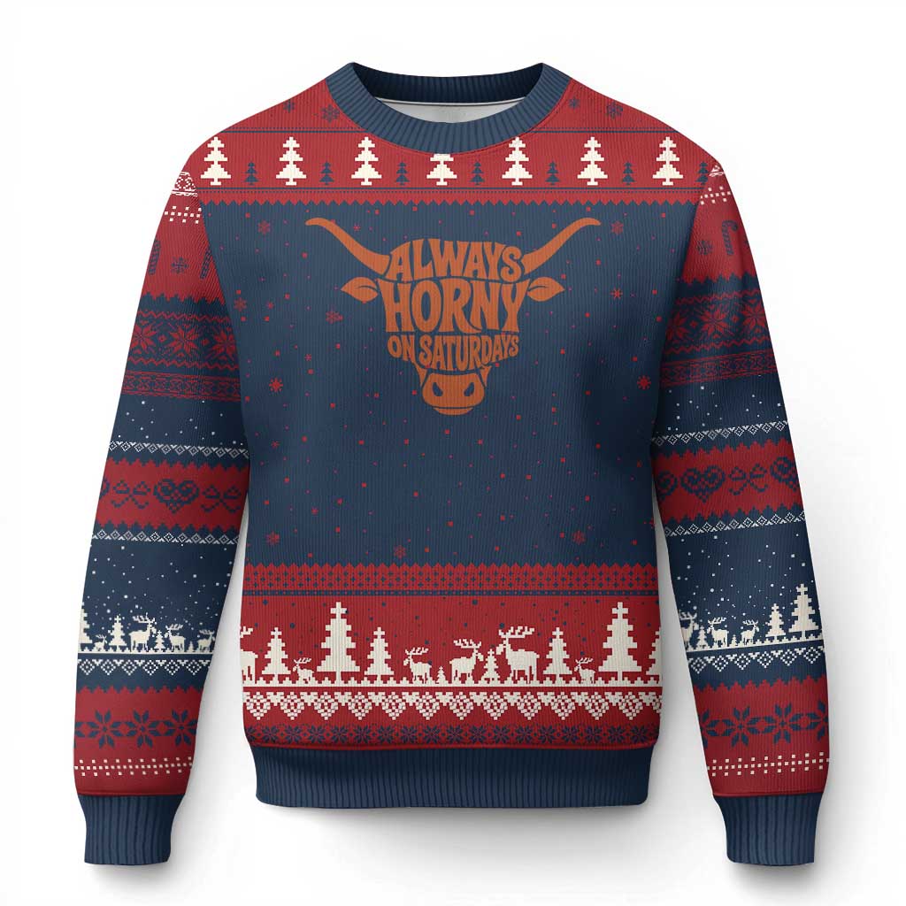 Always Horny on Saturdays Ugly Christmas Sweater Funny Bull Cow Game Day Lover