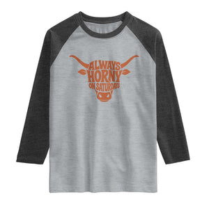 Always Horny on Saturdays Raglan Shirt Funny Bull Cow Game Day Lover