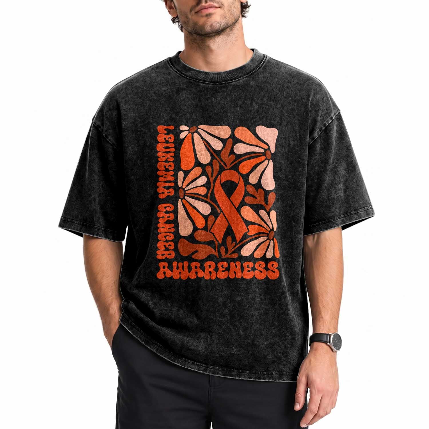 Leukemia Cancer Awareness Washed Cotton T-Shirt Orange Ribbon 60s 70s Retro Groovy Flower