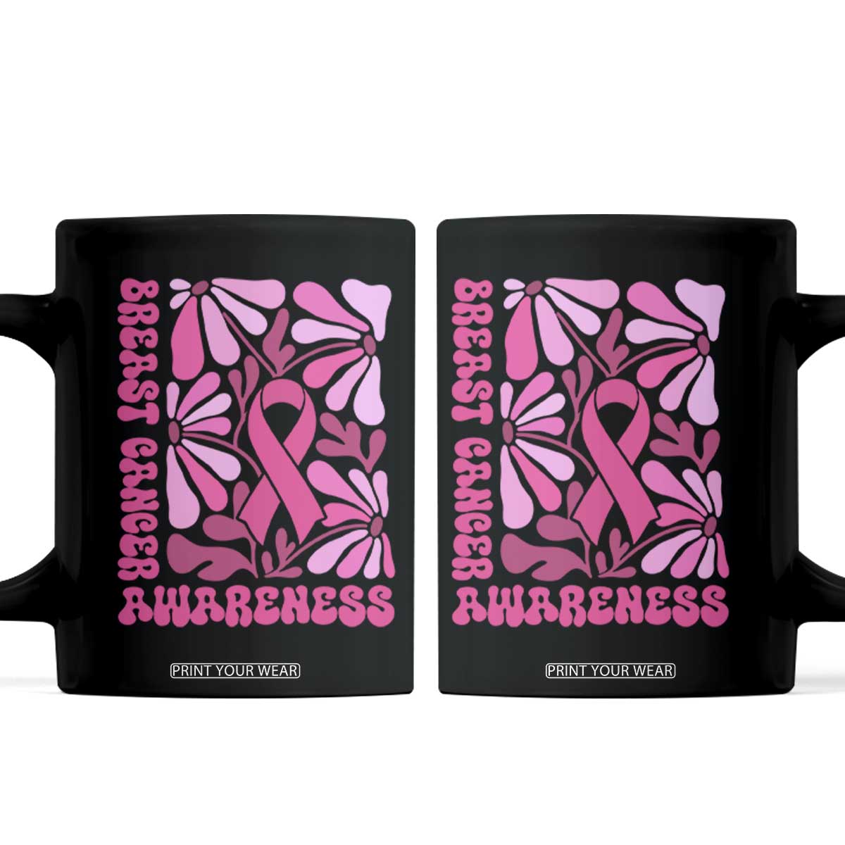 Breast Cancer Awareness Coffee Mug Pink Ribbon 60s 70s Retro Groovy Flower