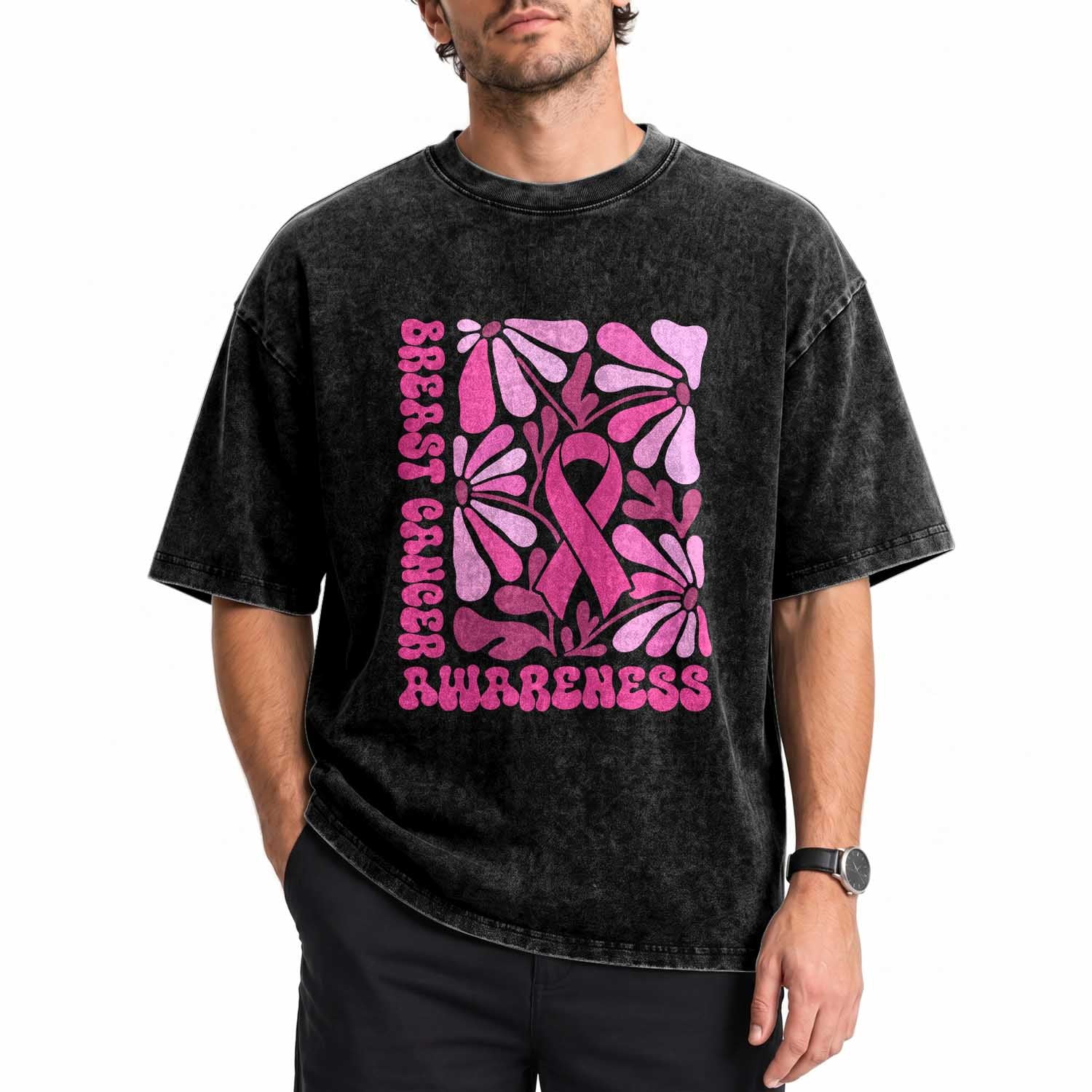 Breast Cancer Awareness Washed Cotton T-Shirt Pink Ribbon 60s 70s Retro Groovy Flower