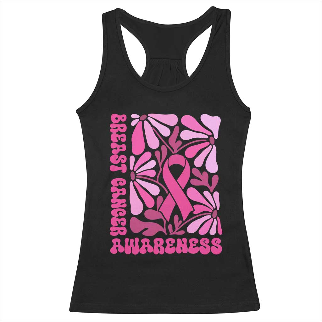 Breast Cancer Awareness Racerback Tank Top Pink Ribbon 60s 70s Retro Groovy Flower