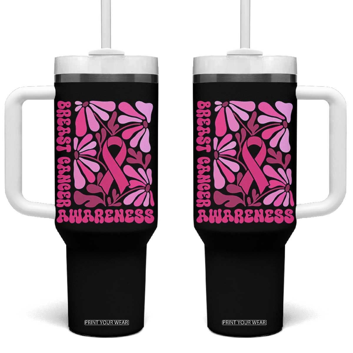 Breast Cancer Awareness Tumbler With Handle Pink Ribbon 60s 70s Retro Groovy Flower