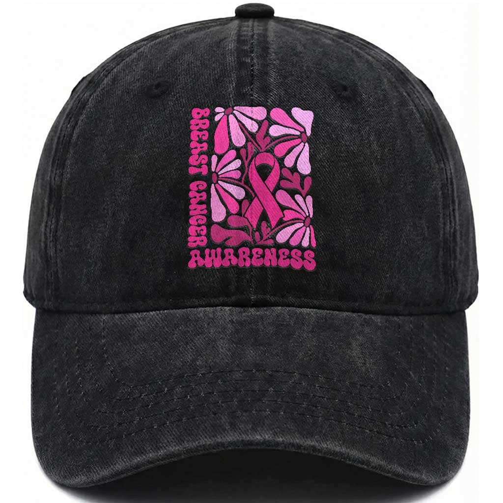 Breast Cancer Awareness Washed Cotton Baseball Cap Pink Ribbon 60s 70s Retro Groovy Flower