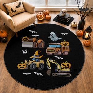 Funny Halloween Round Rug Spooky Construction Trucks Pumpkin Ghost Pixel