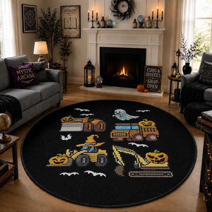 Funny Halloween Round Rug Spooky Construction Trucks Pumpkin Ghost Pixel