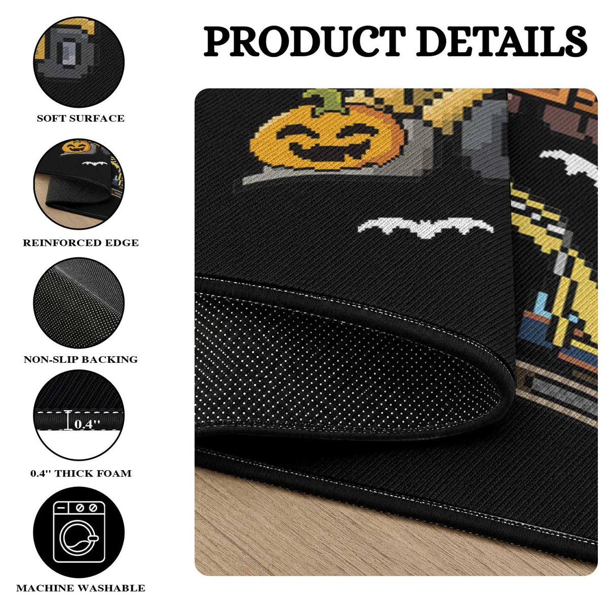 Funny Halloween Round Rug Spooky Construction Trucks Pumpkin Ghost Pixel
