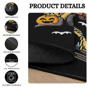 Funny Halloween Round Rug Spooky Construction Trucks Pumpkin Ghost Pixel