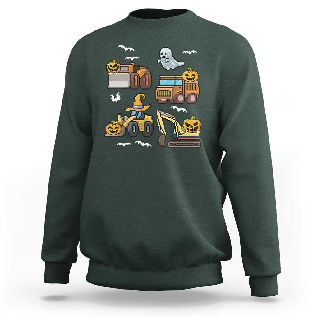 Funny Halloween Sweatshirt Spooky Construction Trucks Pumpkin Ghost Pixel TS11 Dark Forest Green Print Your Wear