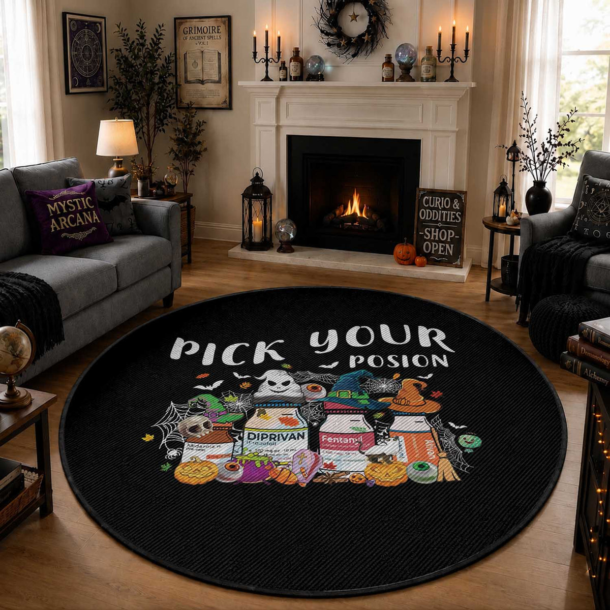 Halloween Nurse Round Rug Pick Your Poison Pharmacy Witches