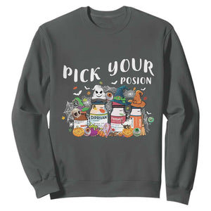 Halloween Nurse Sweatshirt Pick Your Poison Pharmacy Witches TS11 Dark Heather Print Your Wear