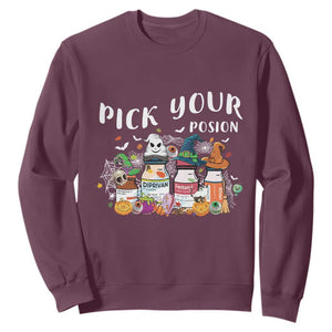 Halloween Nurse Sweatshirt Pick Your Poison Pharmacy Witches TS11 Maroon Print Your Wear