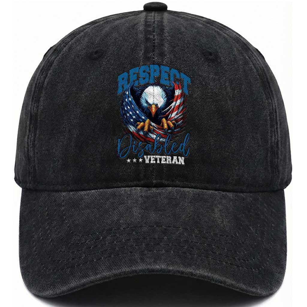 Respect Disabled Veteran Washed Cotton Baseball Cap Military Soldier American Flag Bald Eagle TS11 Washed Cap Universal Fit Black Print Your Wear