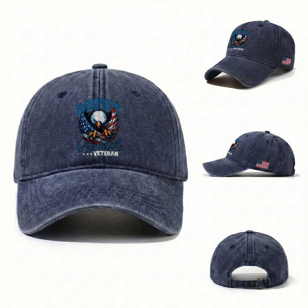 Respect Disabled Veteran Washed Cotton Baseball Cap Military Soldier American Flag Bald Eagle TS11 Washed Cap Universal Fit Navy Print Your Wear