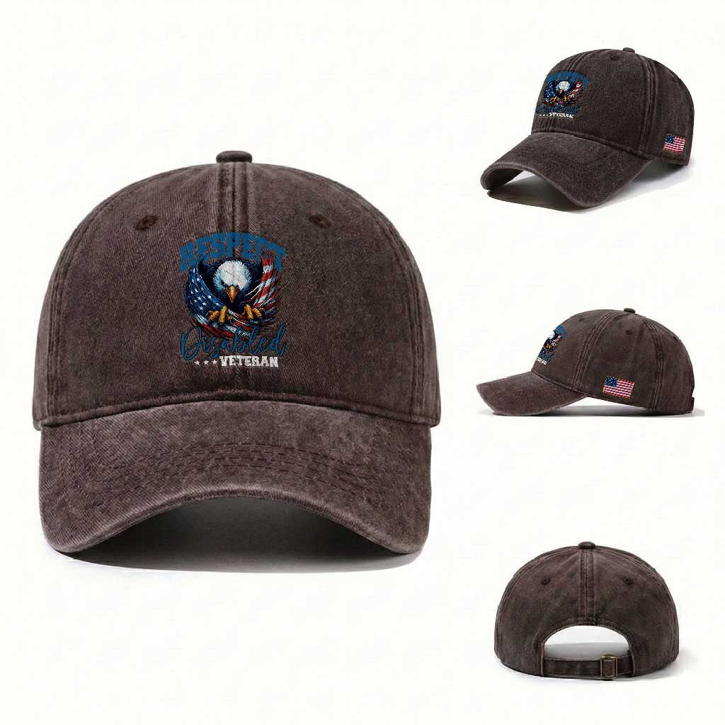 Respect Disabled Veteran Washed Cotton Baseball Cap Military Soldier American Flag Bald Eagle TS11 Washed Cap Universal Fit Dark Brown Print Your Wear