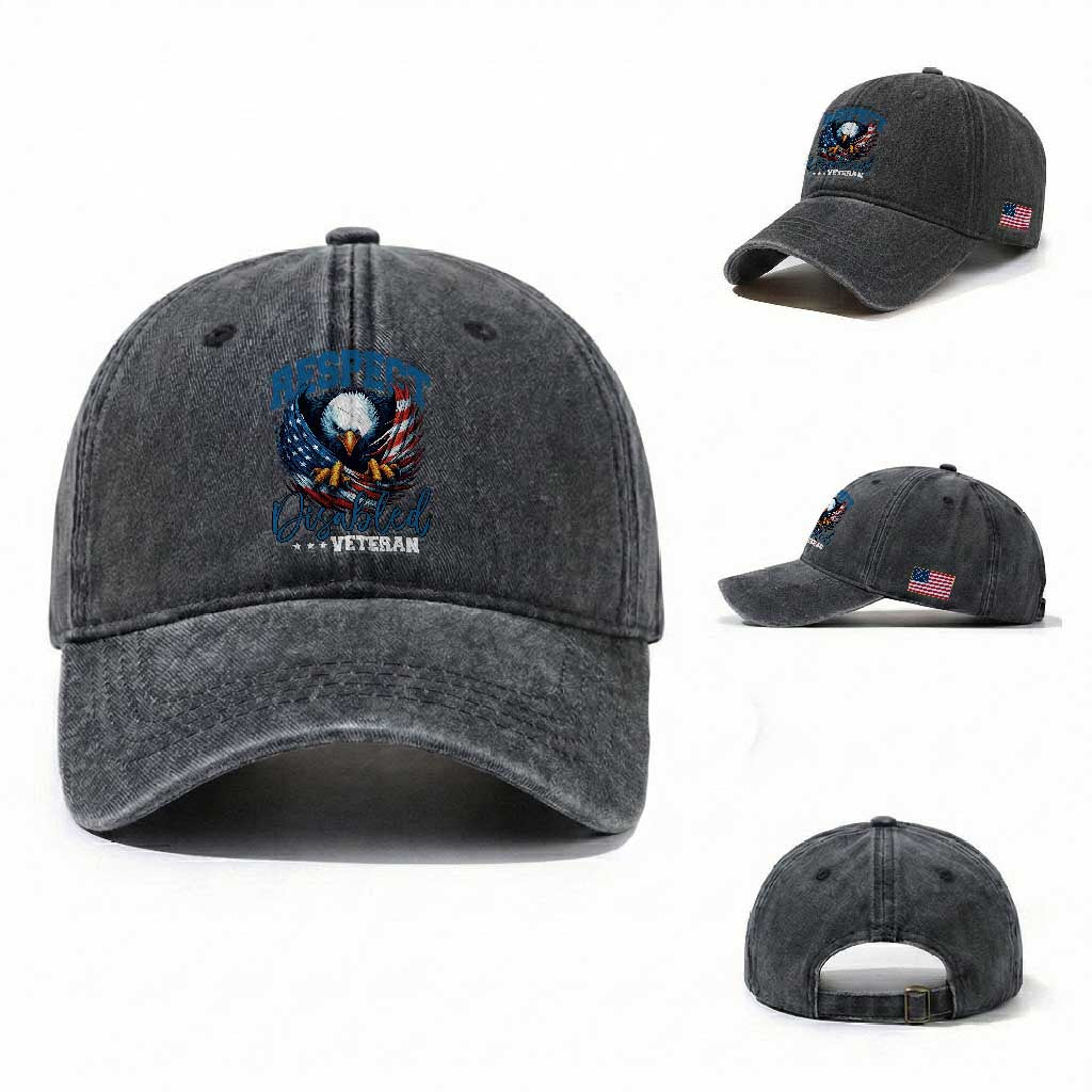 Respect Disabled Veteran Washed Cotton Baseball Cap Military Soldier American Flag Bald Eagle TS11 Washed Cap Universal Fit Dark Gray Print Your Wear