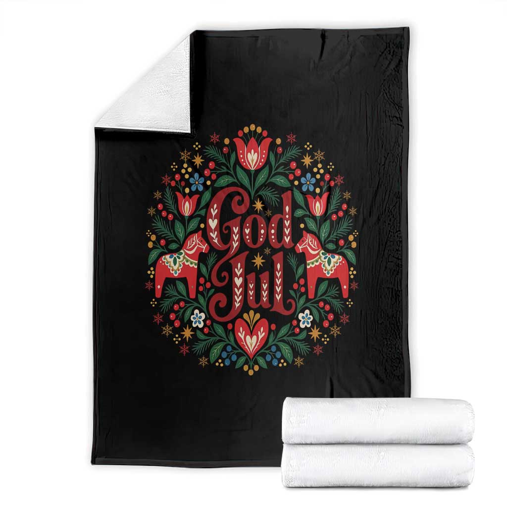 God Jul Swedish Norwegian Christmas Dala Horse Throw Blanket Folk Art Floral Farm Animals