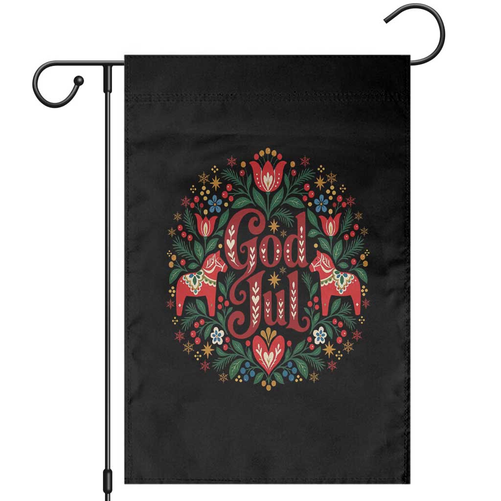 God Jul Swedish Norwegian Christmas Dala Horse Garden Flag Folk Art Floral Farm Animals