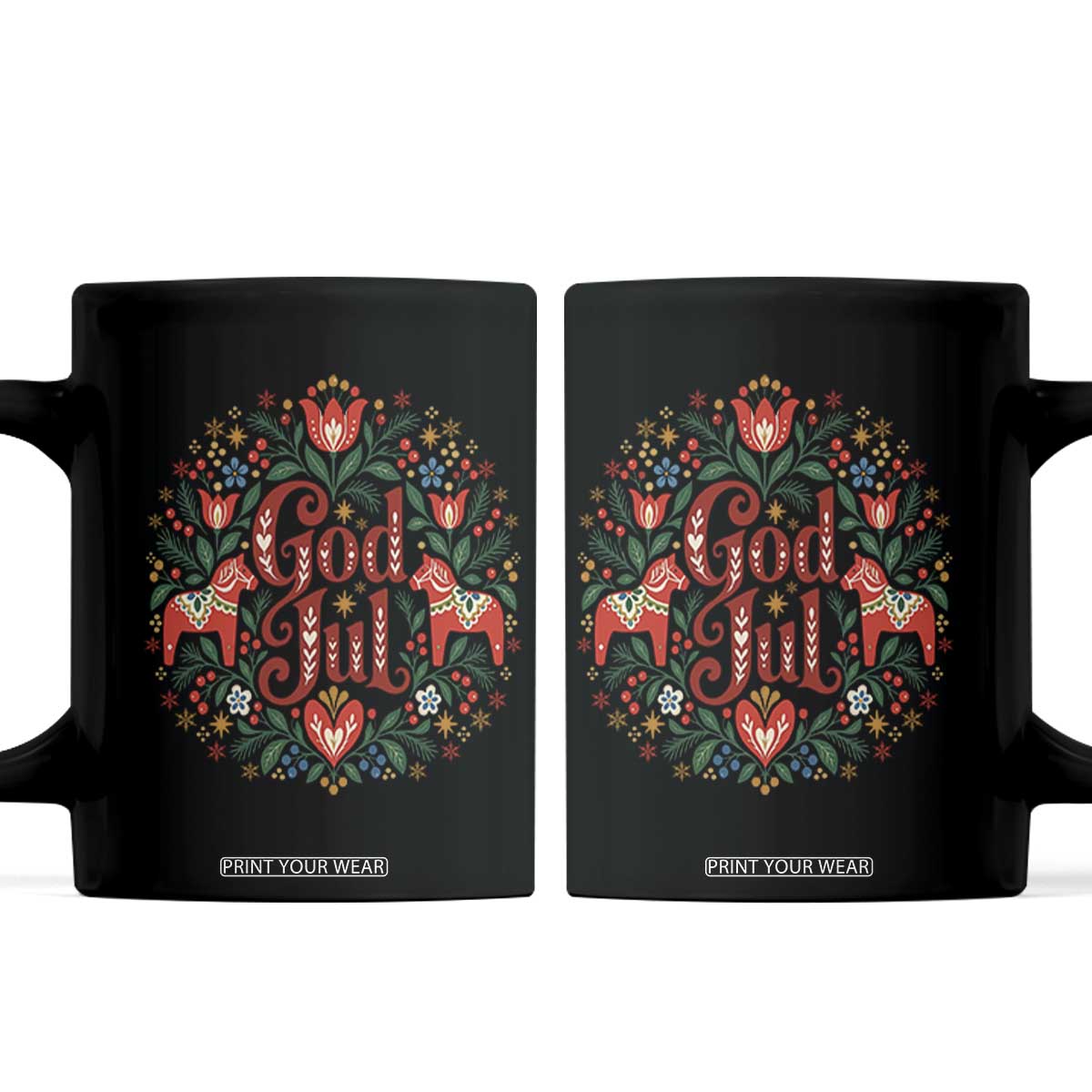 God Jul Swedish Norwegian Christmas Dala Horse Coffee Mug Folk Art Floral Farm Animals