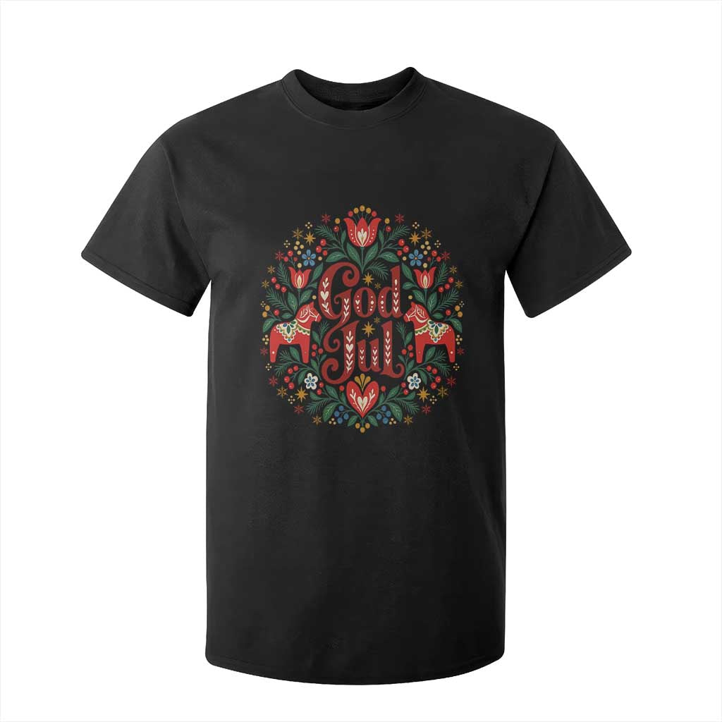 God Jul Swedish Norwegian Christmas Dala Horse T Shirt For Kid Folk Art Floral Farm Animals