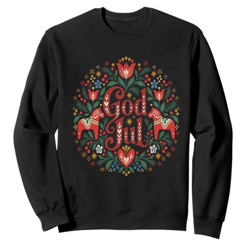 God Jul Swedish Norwegian Christmas Dala Horse Sweatshirt Folk Art Floral Farm Animals