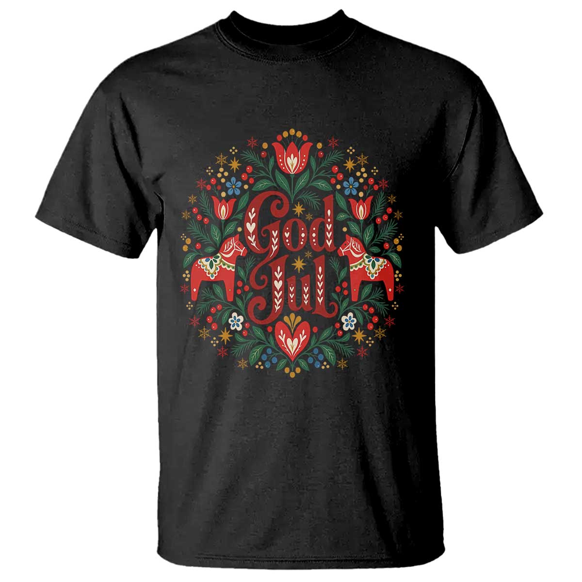 God Jul Swedish Norwegian Christmas Dala Horse T Shirt Folk Art Floral Farm Animals