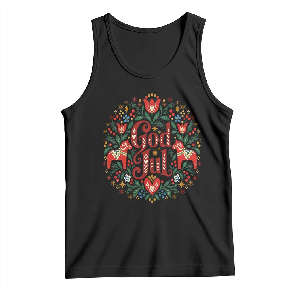 God Jul Swedish Norwegian Christmas Dala Horse Tank Top Folk Art Floral Farm Animals