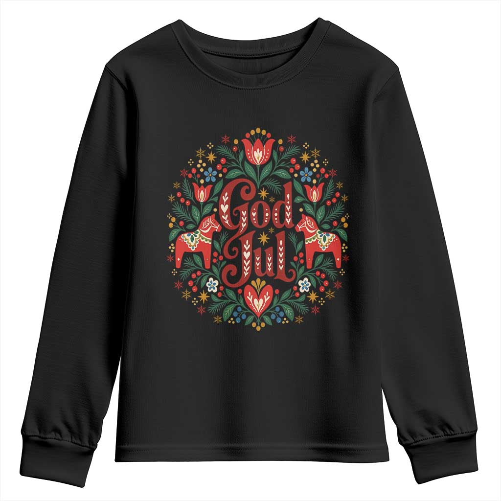 God Jul Swedish Norwegian Christmas Dala Horse Youth Sweatshirt Folk Art Floral Farm Animals