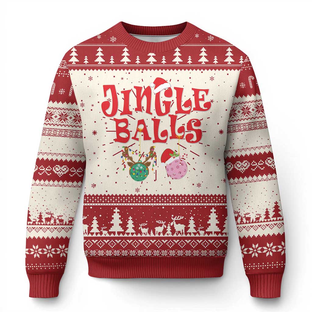 Funny Xmas Pickleball Ugly Christmas Sweater Jingle Balls Reindeer Santa Hat Ball TS11 Red Print Your Wear