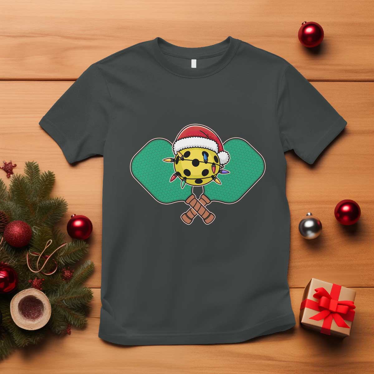 Funny Christmas Pickleball Holiday Santa Hat T Shirt TS11 Dark Heather Print Your Wear