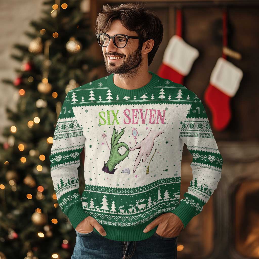 Funny Six Seven Witch Pink And Green Broomstick Magic Wand Ugly Christmas Sweater TS11 Beige Green Print Your Wear