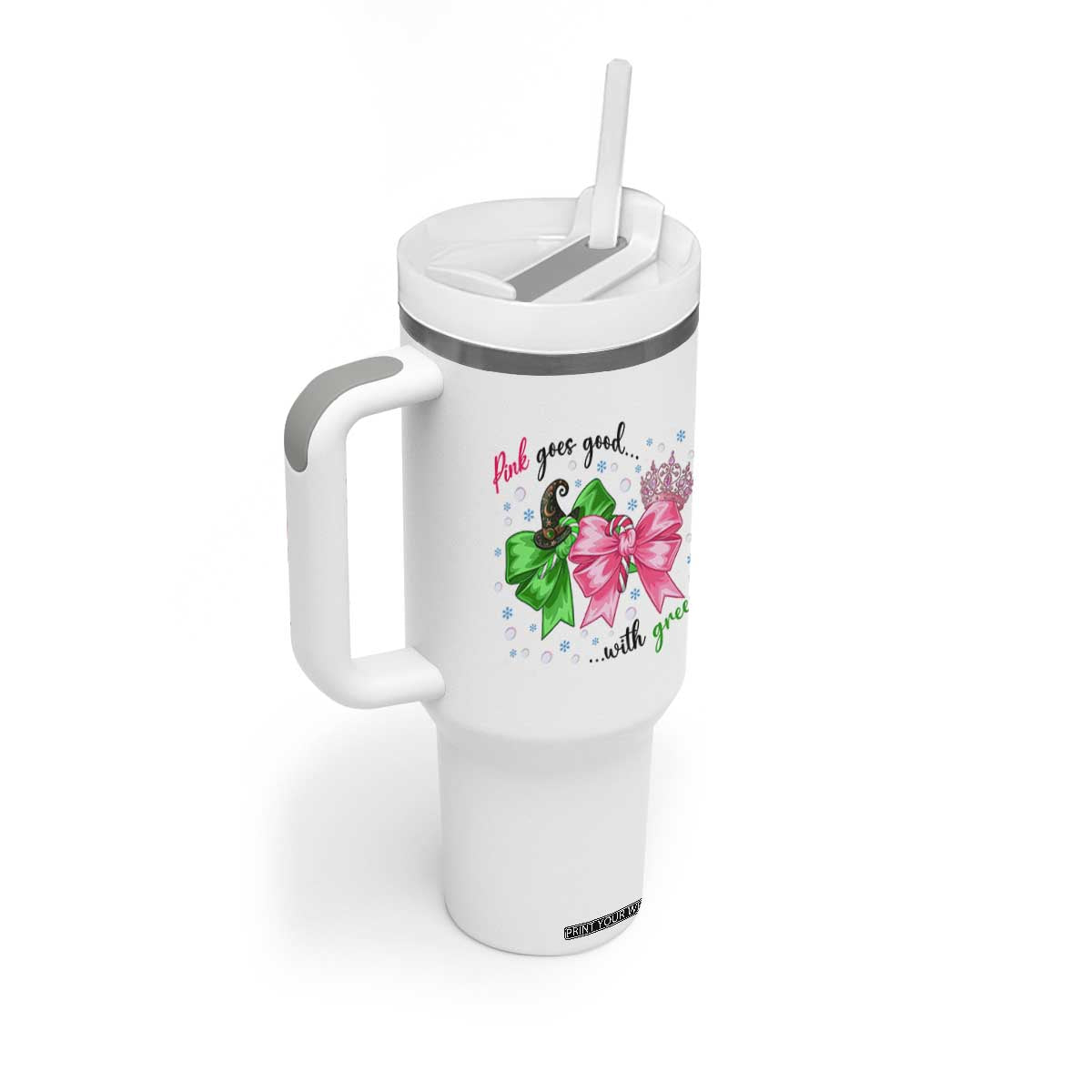 Funny Christmas Witch Pink Goes Good With Green Tumbler With Handle TS11 Print Your Wear