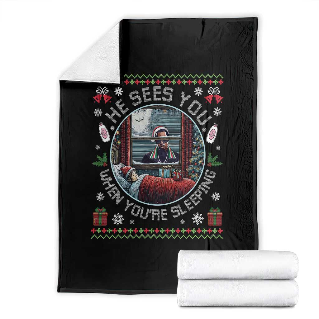 Funny Christmas Diddy Throw Blanket He Sees You When You Are Sleeping Baby Oil Ugly Xmas TS11 Black Print Your Wear