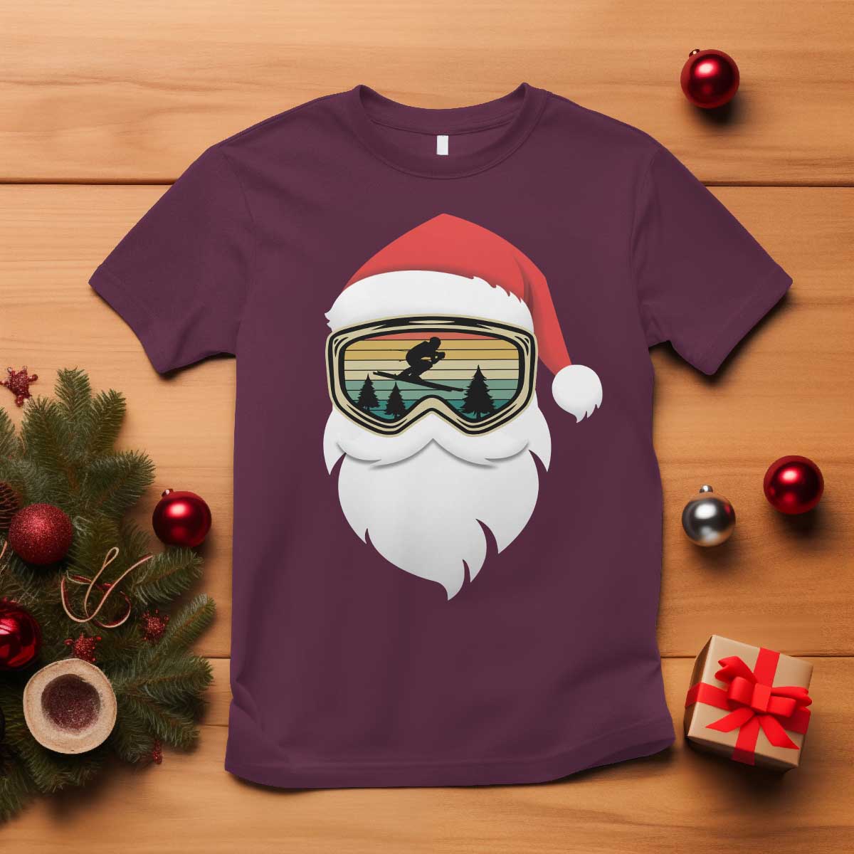 Funny Ski Christmas Winter Sport Skiing Santa Hat T Shirt TS11 Maroon Print Your Wear