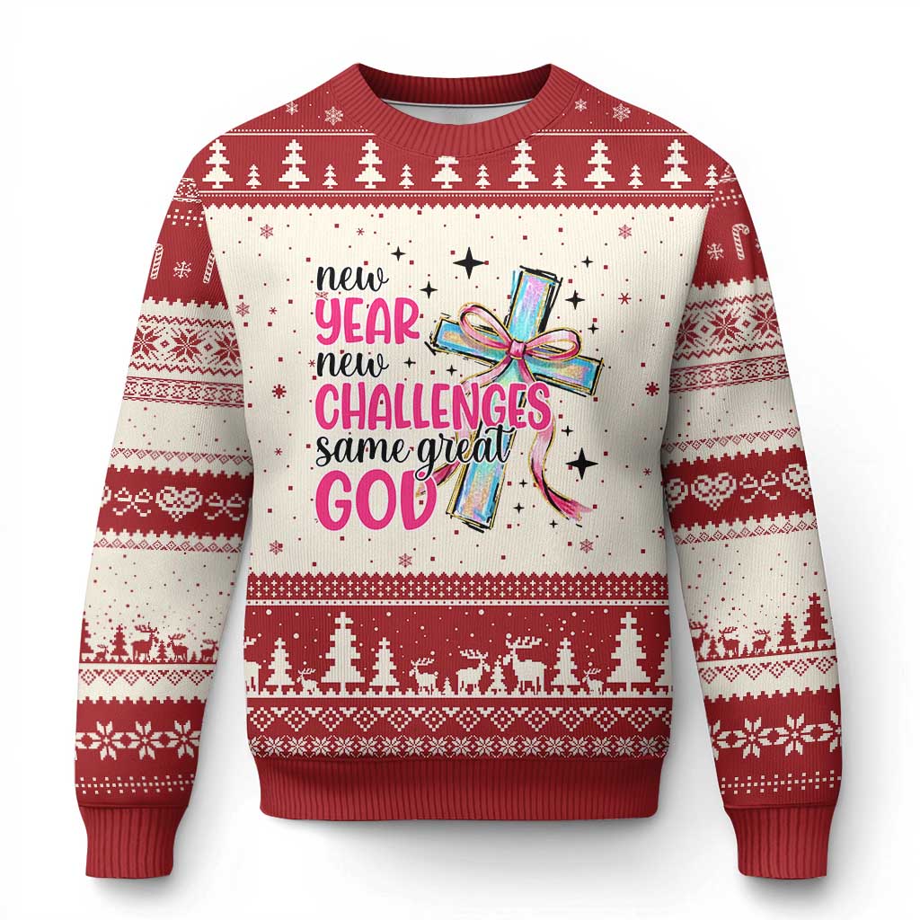 New Year New Challenges Same Great God Ugly Christmas Sweater Christian New Year Eve TS11 Beige Red Print Your Wear