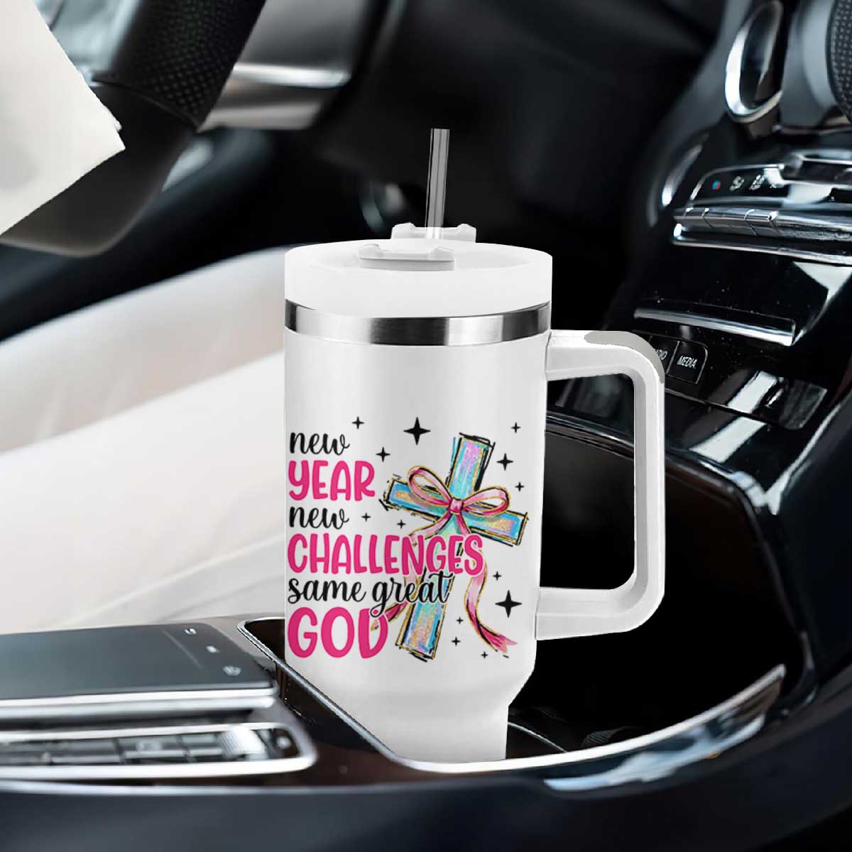 New Year New Challenges Same Great God Tumbler With Handle Christian New Year Eve TS11 Print Your Wear
