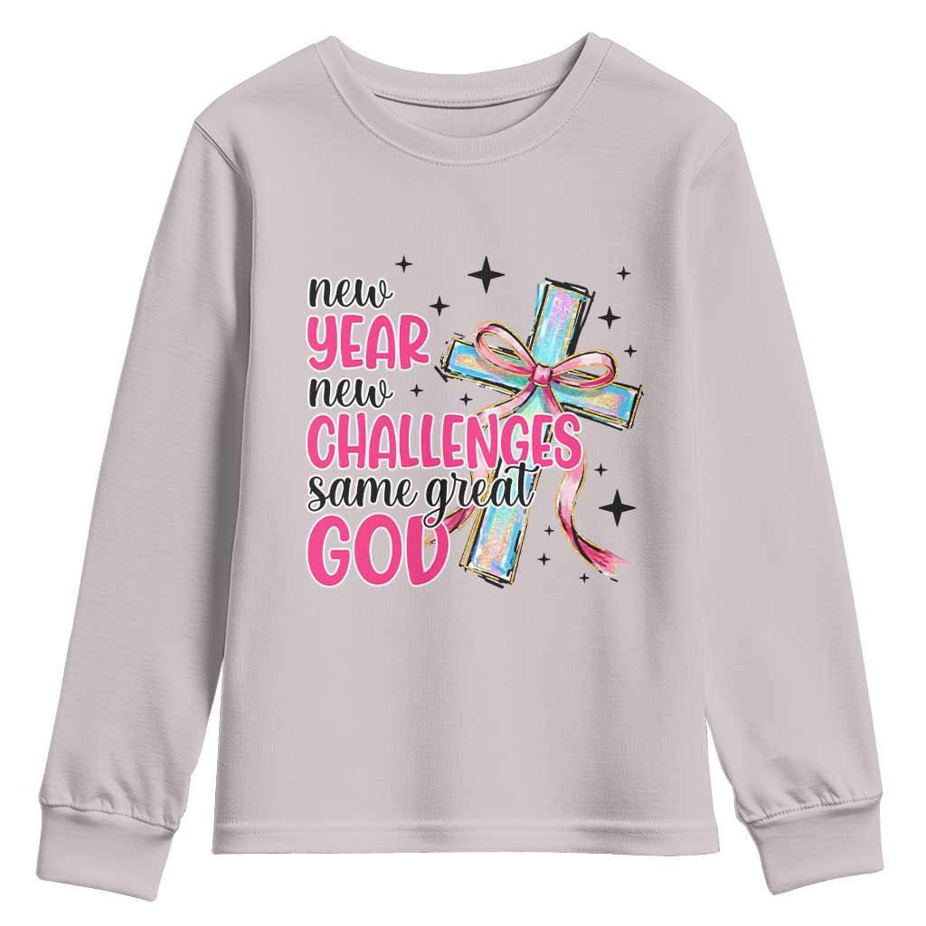 New Year New Challenges Same Great God Youth Sweatshirt Christian New Year Eve TS11 Ice Gray Print Your Wear