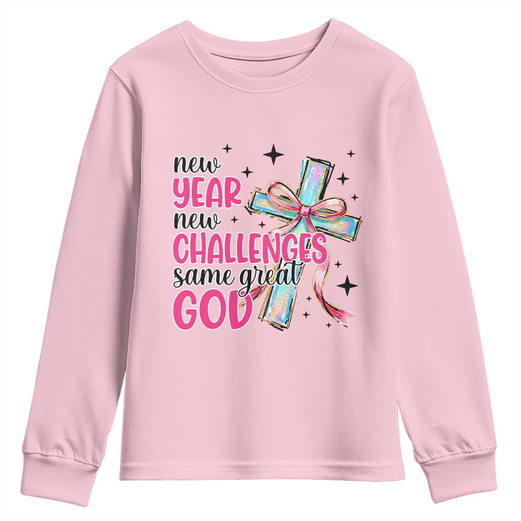 New Year New Challenges Same Great God Youth Sweatshirt Christian New Year Eve TS11 Light Pink Print Your Wear
