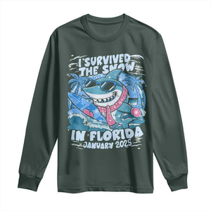 Funny I Survived The Snow In Florida 2025 Long Sleeve Shirt Shark TS11 Dark Forest Green Print Your Wear