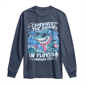 Funny I Survived The Snow In Florida 2025 Long Sleeve Shirt Shark TS11 Navy Print Your Wear