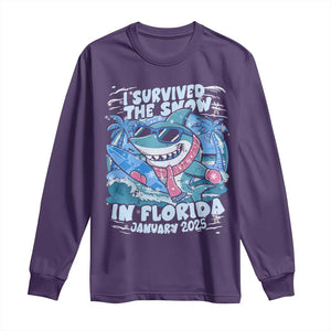 Funny I Survived The Snow In Florida 2025 Long Sleeve Shirt Shark TS11 Purple Print Your Wear