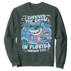 Funny I Survived The Snow In Florida 2025 Sweatshirt Shark TS11 Dark Forest Green Print Your Wear