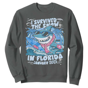 Funny I Survived The Snow In Florida 2025 Sweatshirt Shark TS11 Dark Heather Print Your Wear