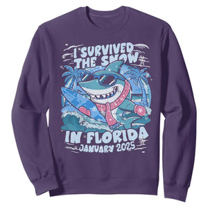 Funny I Survived The Snow In Florida 2025 Sweatshirt Shark TS11 Purple Print Your Wear