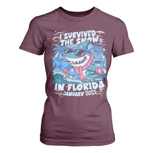 Funny I Survived The Snow In Florida 2025 T Shirt For Women Shark TS11 Maroon Print Your Wear