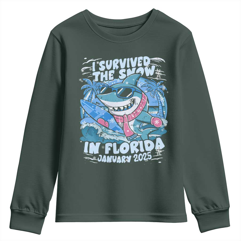 Funny I Survived The Snow In Florida 2025 Youth Sweatshirt Shark TS11 Dark Forest Green Print Your Wear