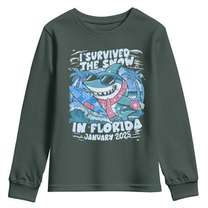 Funny I Survived The Snow In Florida 2025 Youth Sweatshirt Shark TS11 Dark Forest Green Print Your Wear