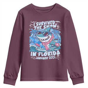 Funny I Survived The Snow In Florida 2025 Youth Sweatshirt Shark TS11 Maroon Print Your Wear