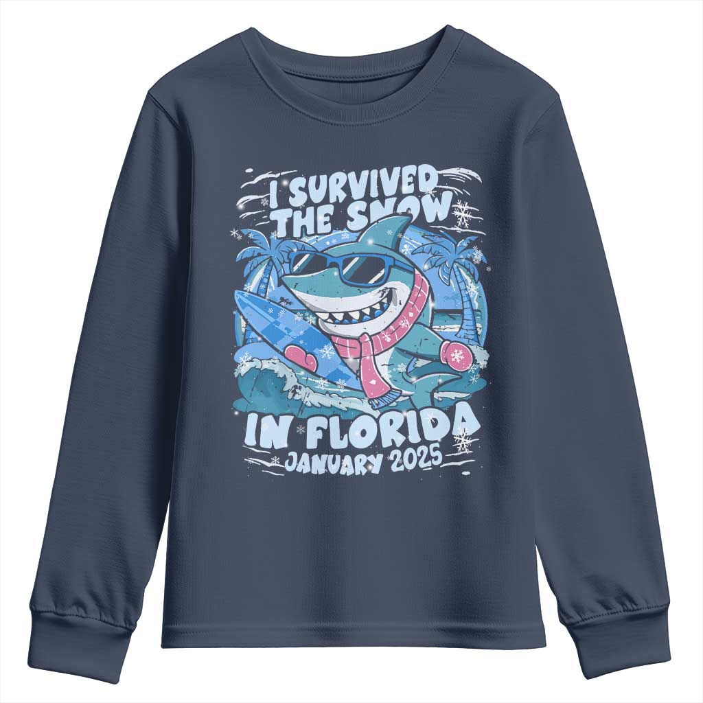 Funny I Survived The Snow In Florida 2025 Youth Sweatshirt Shark TS11 Navy Print Your Wear