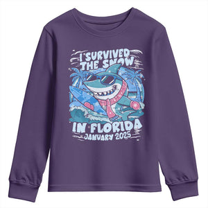 Funny I Survived The Snow In Florida 2025 Youth Sweatshirt Shark TS11 Purple Print Your Wear
